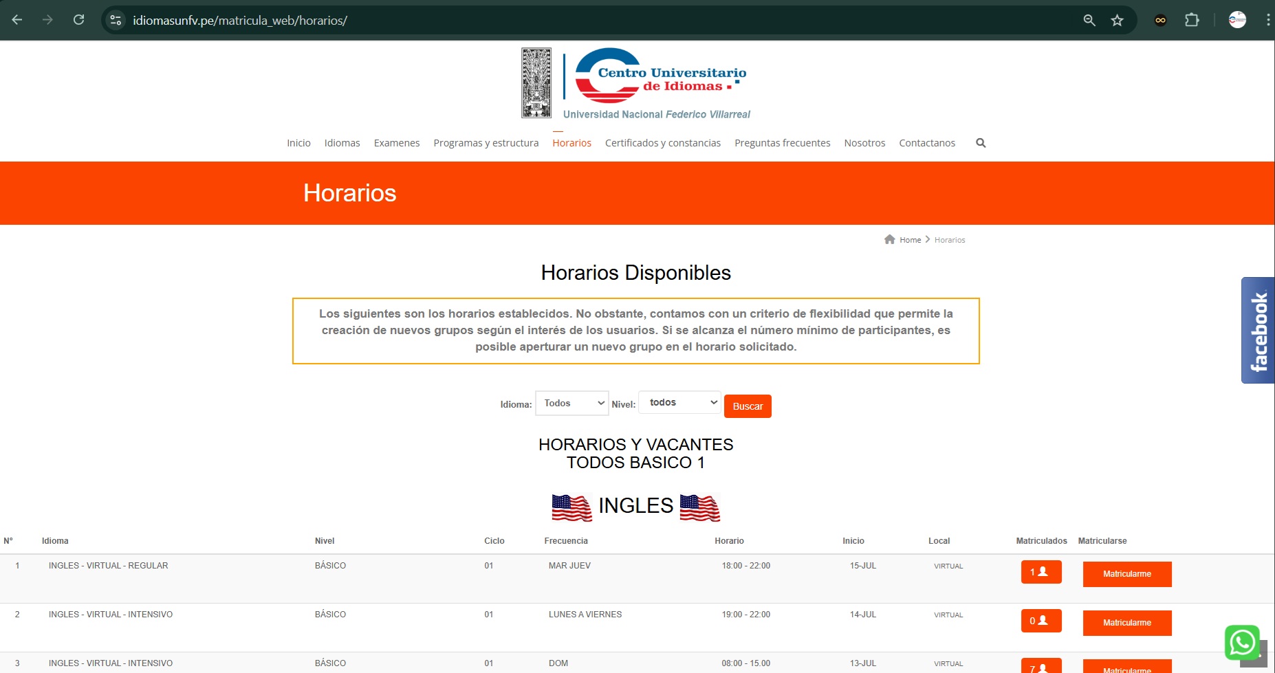 Horarios disponibles