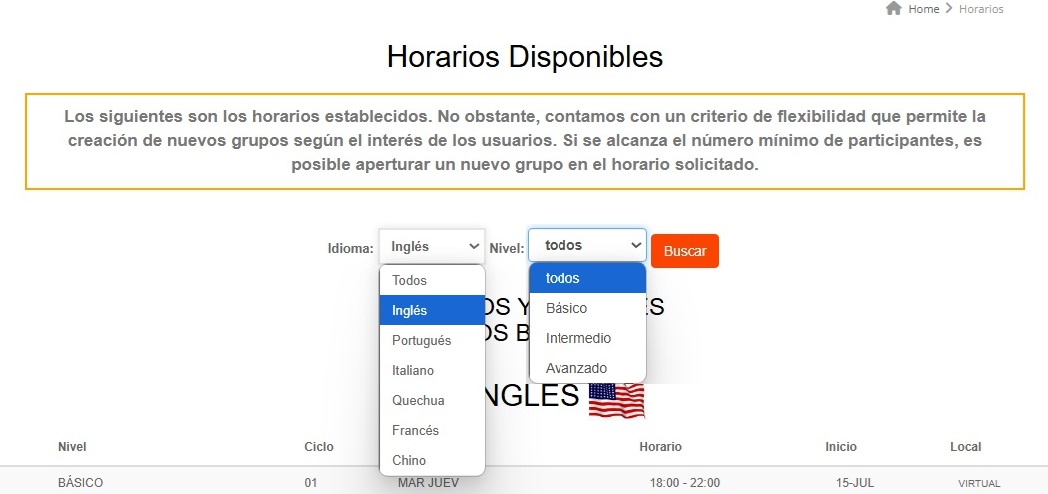Captura de filtros en la página de horarios