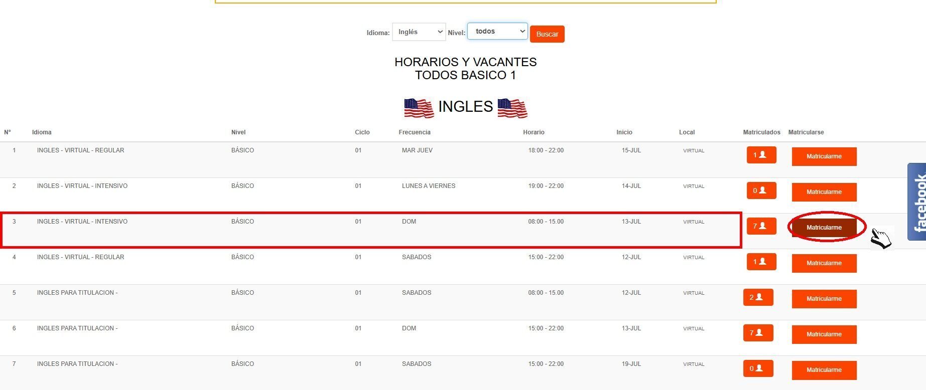 Captura del botón Matricularme