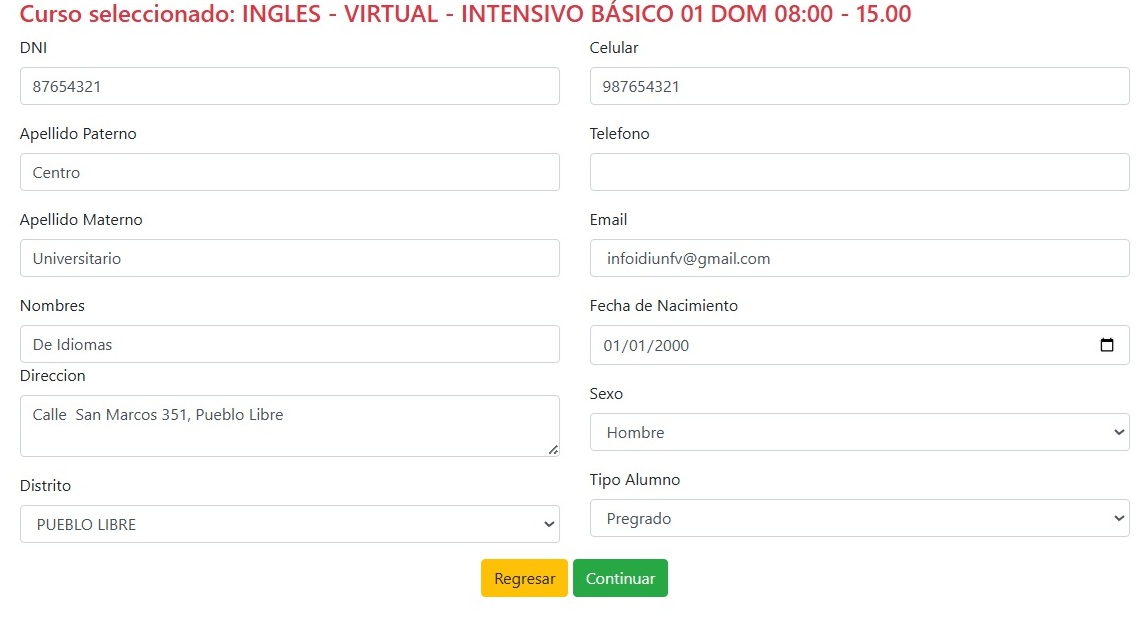 Formulario para completar información personal