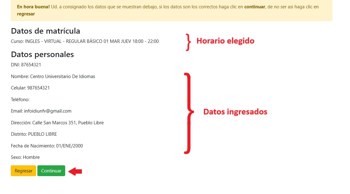 Resumen de datos registrados